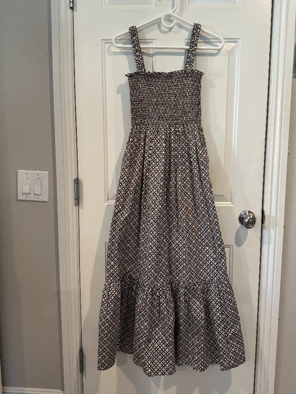 Hill House Home Anjuli Nap Dress Brown Geometric Smocked Maxi Size S 100% Cotton